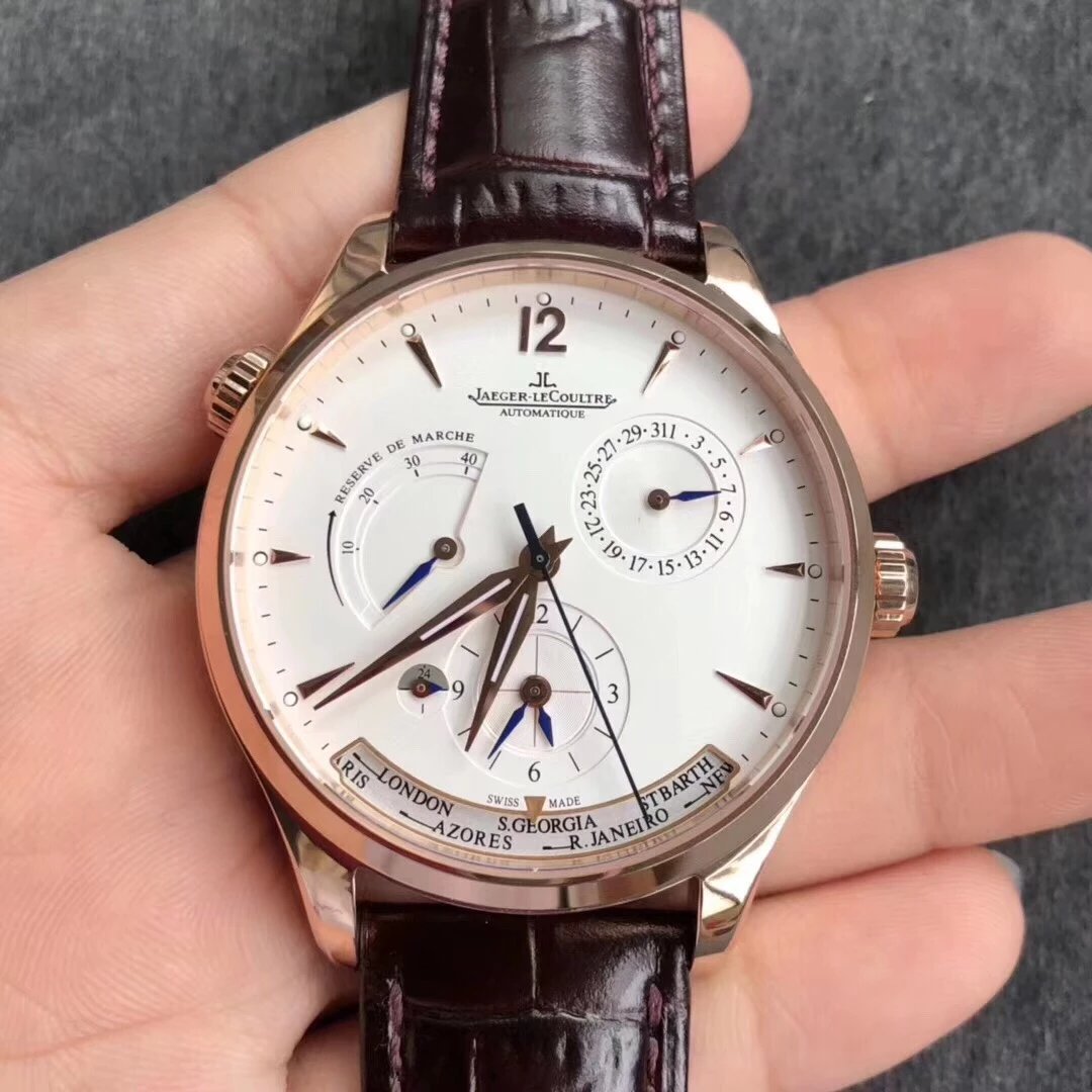 TWA厂积家大师系列1422521地理学家玫瑰金白盘皮带男士机械手表
